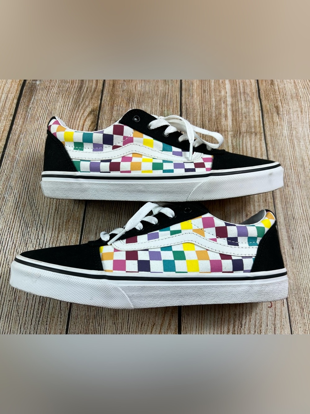 Vans Old Skool Black Multicolor Rainbow Checker Skate Shoes Missy Size 6